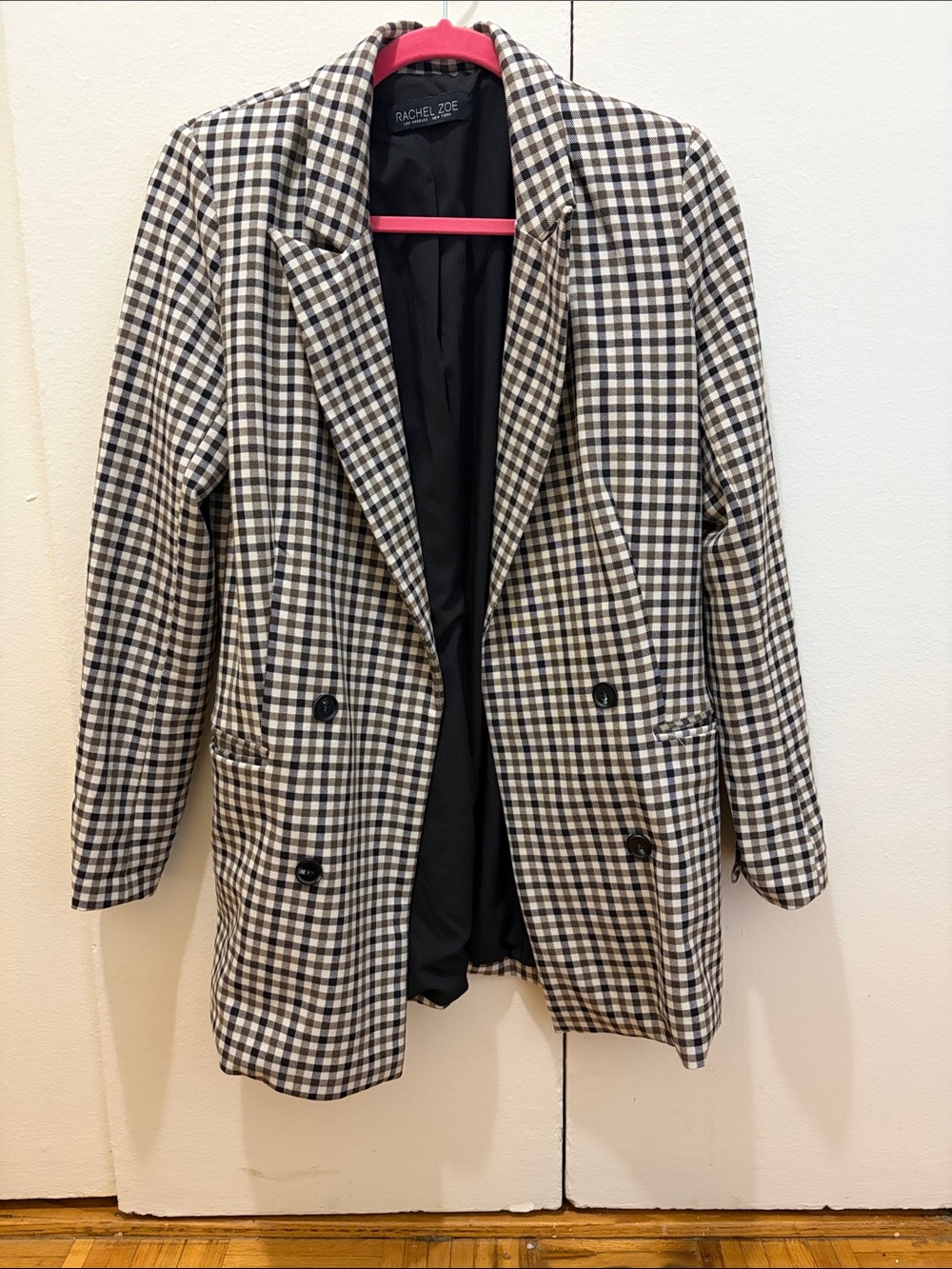 Rachel Zoe Black & Brown& Beige Gingham Double-Breasted Blazer w/ Pockets